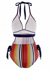 Multi Color swimwear,Rainbow Color swimwear,Striped swimwear,ROTITA Bowknot Side Striped Halter One Piece Swimwear