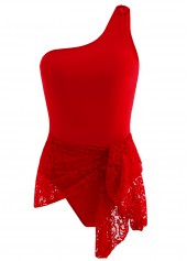 Coral swimwear,Plain Color swimwear,ROTITA Tie Front Lace Stitching One Piece Swimdress