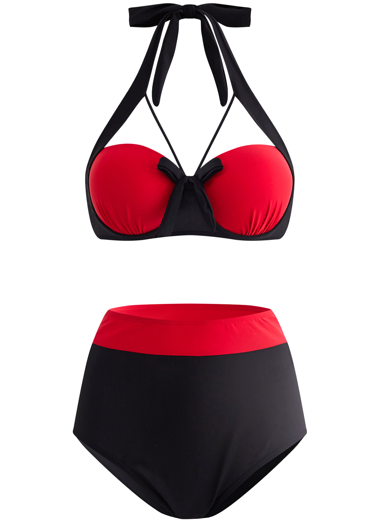 Contrast Color swimwear,ROTITA High Waisted Color Block Bowknot Bikini Set