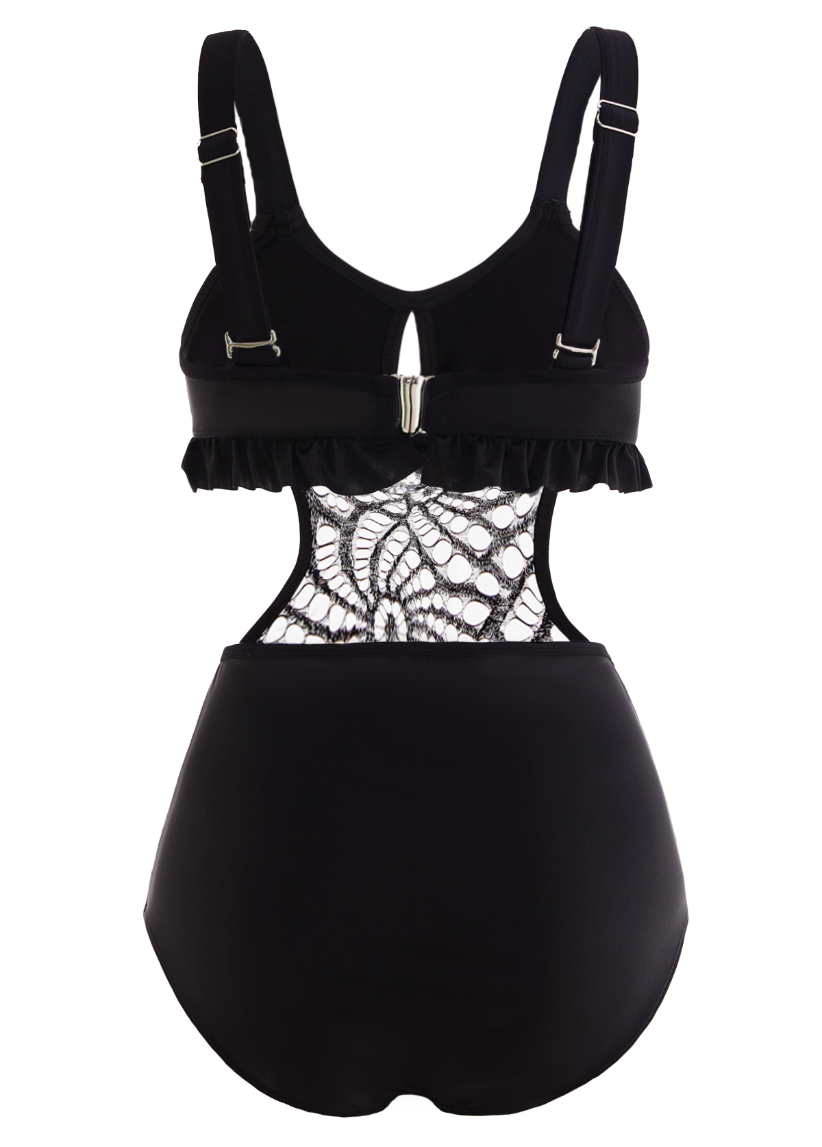 Black swimwear,Plain Color swimwear,ROTITA Black Lace Patchwork Flounce Pierced One Piece Swimwear