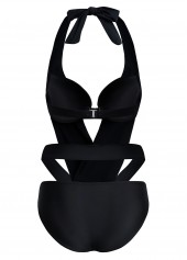Black swimwear,Plain Color swimwear,ROTITA Cutout Detail Halter One Piece Swimwear