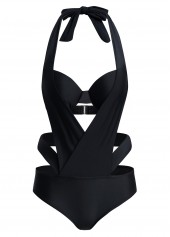 Black swimwear,Plain Color swimwear,ROTITA Cutout Detail Halter One Piece Swimwear
