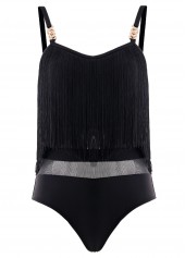 Black swimwear,Plain Color swimwear,ROTITA Mesh Tassel Black One Piece Swimwear
