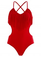 Red swimwear,Plain Color swimwear,ROTITA Tassel Red Spaghetti Strap One Piece Swimwear