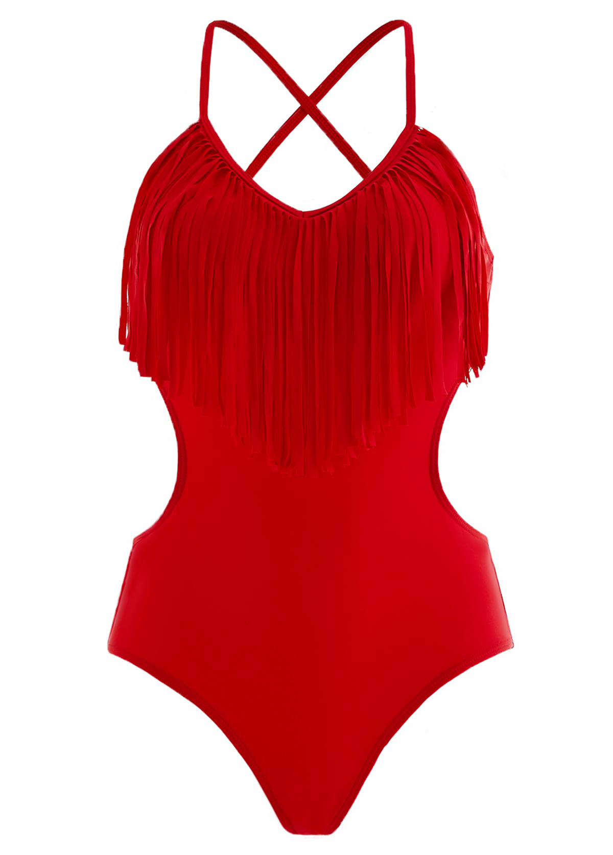 Red swimwear,Plain Color swimwear,ROTITA Tassel Red Spaghetti Strap One Piece Swimwear