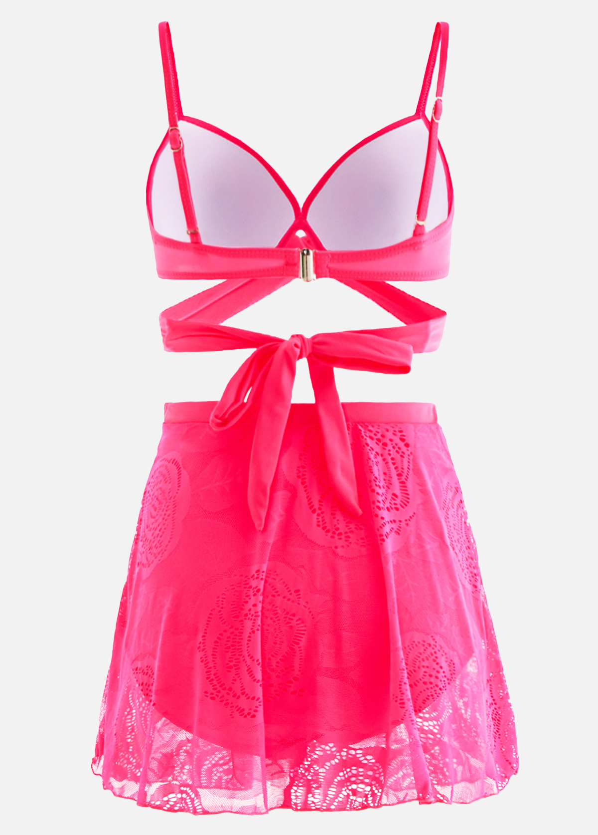 Plain Color swimwear,ROTITA Lace Stitching High Waist Hot Pink Bikini Set