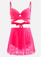 Plain Color swimwear,ROTITA Lace Stitching High Waist Hot Pink Bikini Set