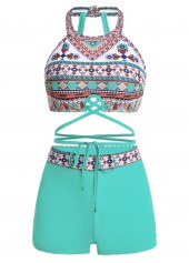 Green swimwear,Tribal swimwear,ROTITA Cutout Back Tribal Print Tie Front Bikini Set 
