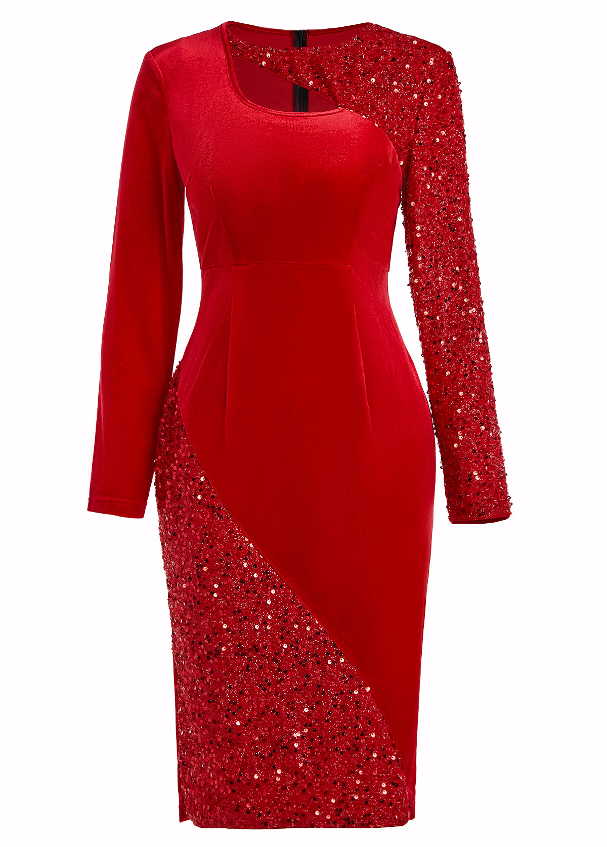 Red dresses,Plain Color dresses,Party dresses,Elegant dresses,ROTITA Sequin Red Round Neck Long Sleeve Bodycon Dress