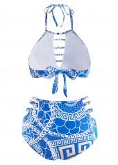 Blue swimwear,Geometric swimwear,ROTITA Halter Geometric Print High Waisted Bikini Set 