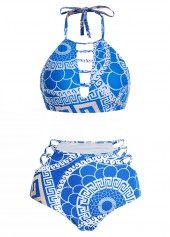 Blue swimwear,Geometric swimwear,ROTITA Halter Geometric Print High Waisted Bikini Set 