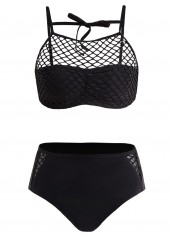 Black swimwear,Plain Color swimwear,ROTITA Pierced Mid Waist Tie Back Bikini Set