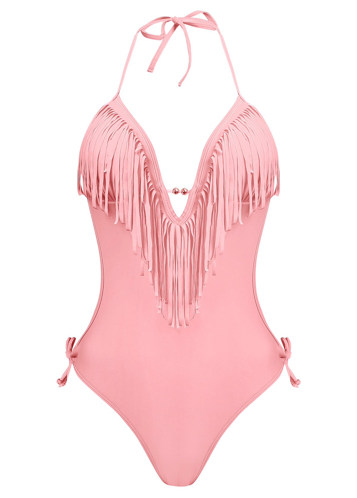 Light Pink swimwear,Plain Color swimwear,ROTITA Halter Tassel Embellished Light Pink One Piece Swimwear