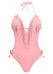 Light Pink swimwear,Plain Color swimwear,ROTITA Halter Tassel Embellished Light Pink One Piece Swimwear