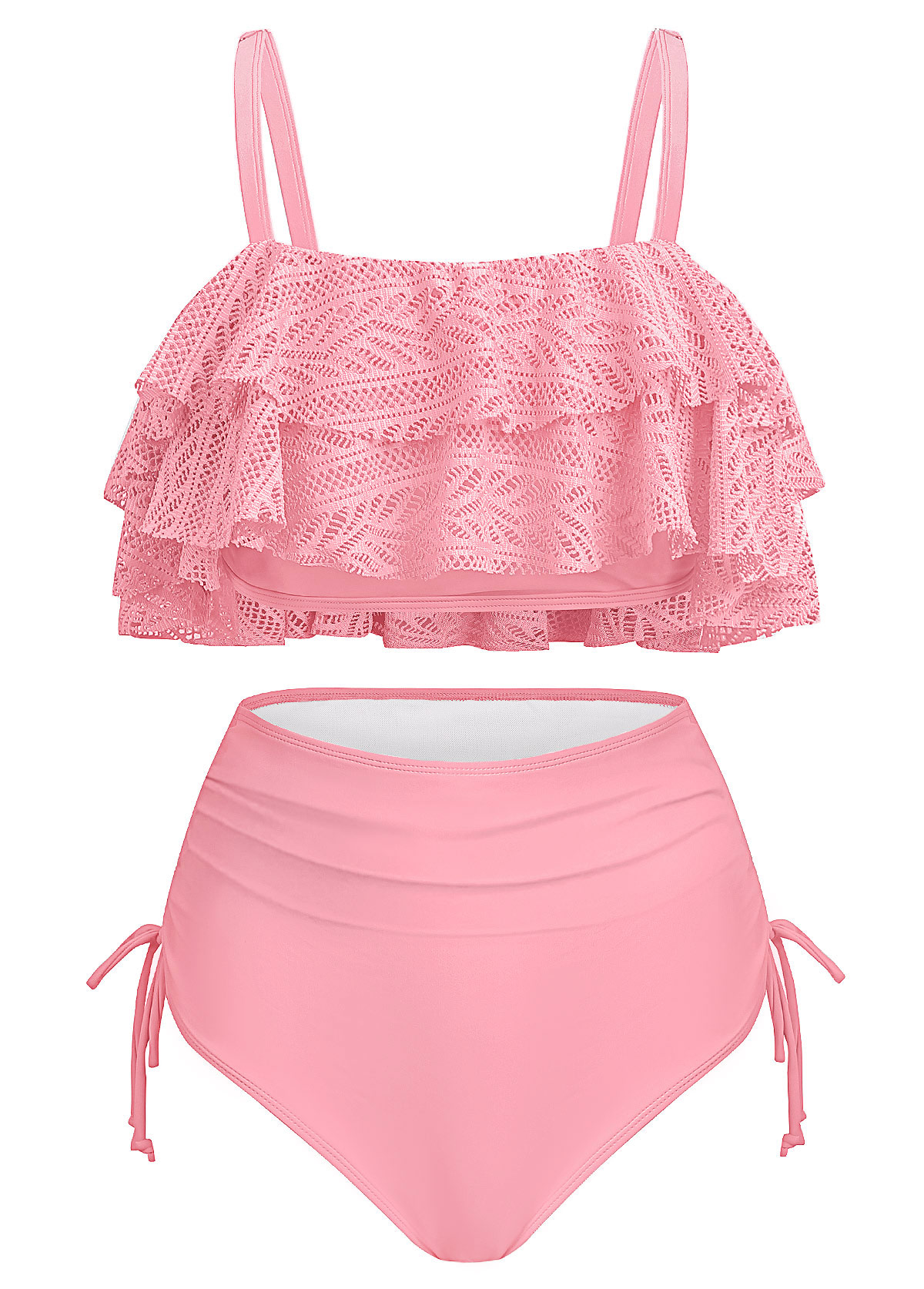 Light Pink swimwear,Plain Color swimwear,ROTITA Patchwork Light Pink High Waisted Bikini Set