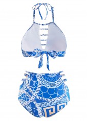 Blue swimwear,Geometric swimwear,ROTITA Halter Geometric Print High Waisted Bikini Set 