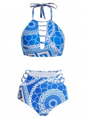 Blue swimwear,Geometric swimwear,ROTITA Halter Geometric Print High Waisted Bikini Set 