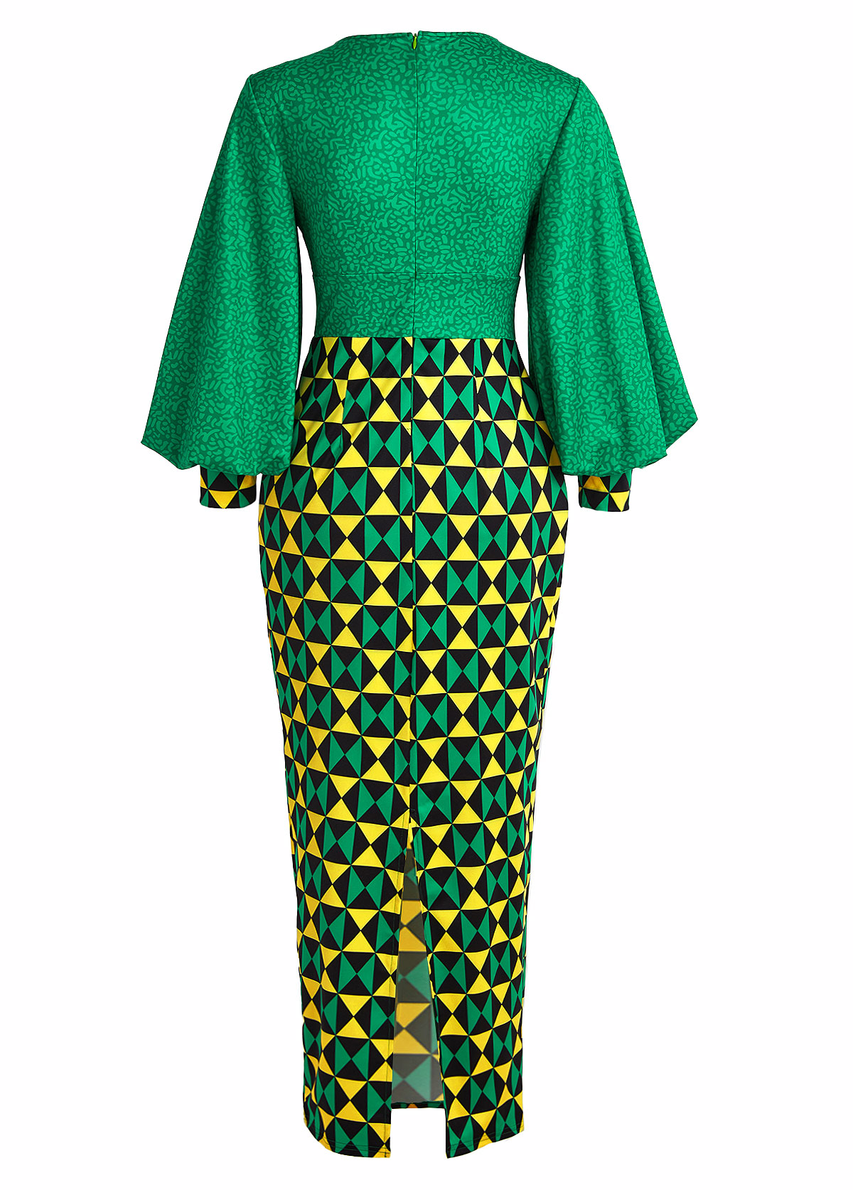 Green dresses,Light Yellow dresses,Geometric dresses,Party dresses,Elegant dresses,ROTITA Patchwork Geometric Print Green Maxi Bodycon Dress