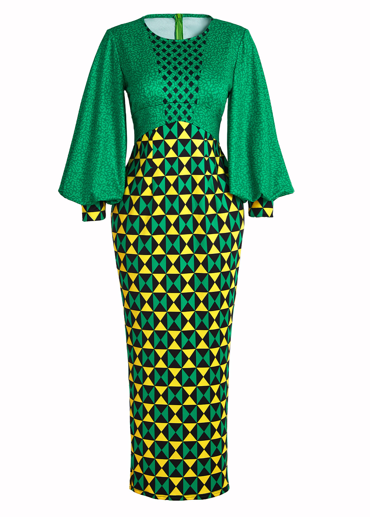 Green dresses,Light Yellow dresses,Geometric dresses,Party dresses,Elegant dresses,ROTITA Patchwork Geometric Print Green Maxi Bodycon Dress