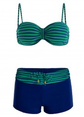 Blue swimwear,Striped swimwear,Striped Mid Waist Drawstring Detail Bikini Set