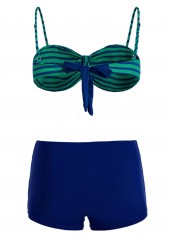 Blue swimwear,Striped swimwear,Striped Mid Waist Drawstring Detail Bikini Set