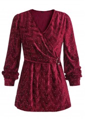 Wine Red tops,Plain Color tops,ROTITA Velvet Wine Red V Neck Long Sleeve Blouse