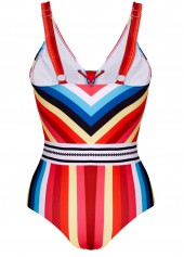 Multi Color swimwear,Rainbow Color swimwear,Striped swimwear,ROTITA Wide Strap Lace Up Striped One Piece Swimwear