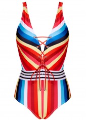 Multi Color swimwear,Rainbow Color swimwear,Striped swimwear,ROTITA Wide Strap Lace Up Striped One Piece Swimwear