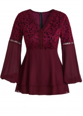 Wine Red tops,Plants tops,ROTITA Patchwork Leaf Print Wine Red V Neck Blouse