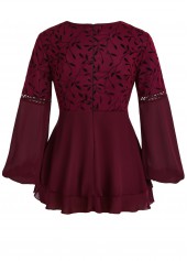 Wine Red tops,Plants tops,ROTITA Patchwork Leaf Print Wine Red V Neck Blouse