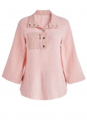 Light Pink tops,Plain Color tops,ROTITA Jacquard Light Pink Turn Down Collar Long Sleeve Sweatshirt