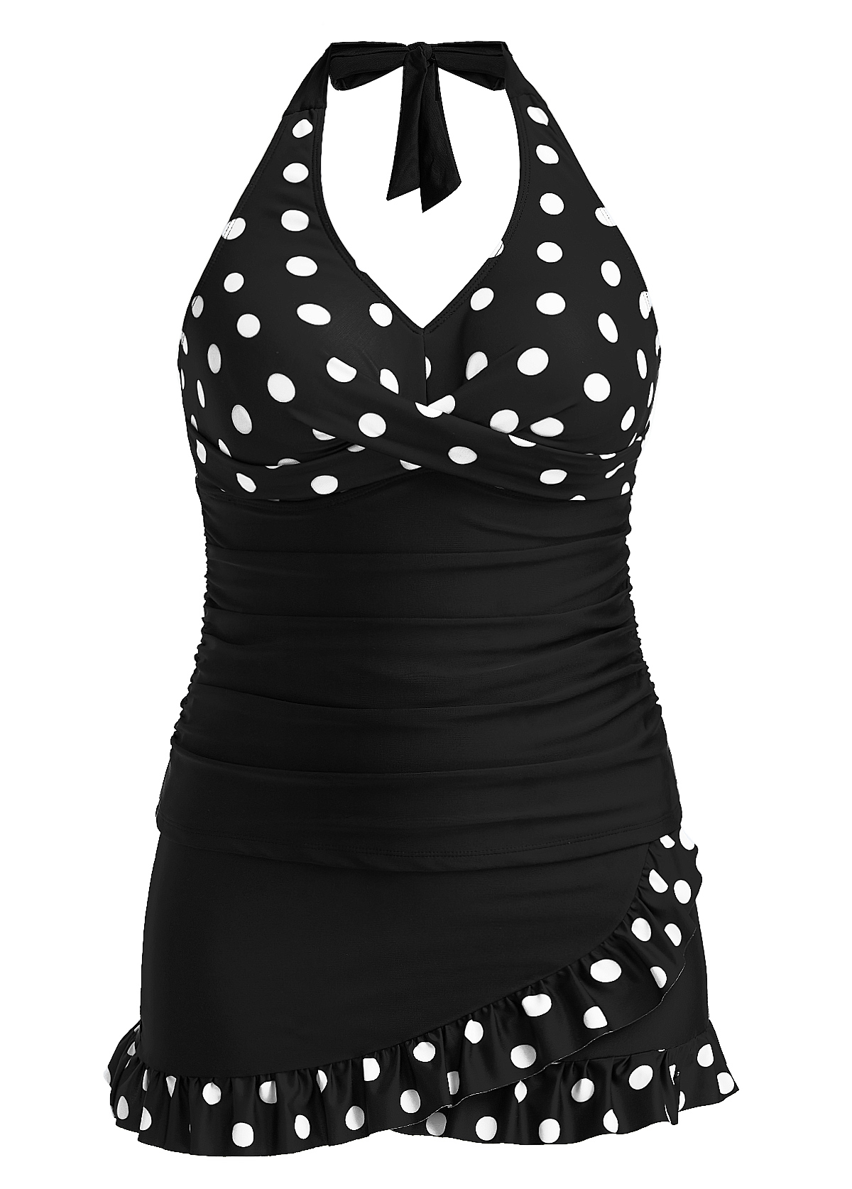 Black swimwear,White swimwear,Dot swimwear,Geometric swimwear,ROTITA Surplice Black Polka Dot Mid Waisted Tankini Set