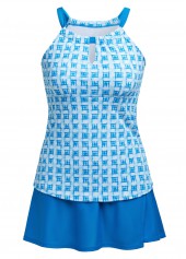 Sky Blue swimwear,Geometric swimwear,Striped swimwear,Plaid swimwear,ROTITA Cut Out Sky Blue Geometric Print Tankini Set