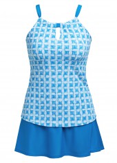 Sky Blue swimwear,Geometric swimwear,Striped swimwear,Plaid swimwear,ROTITA Cut Out Sky Blue Geometric Print Tankini Set