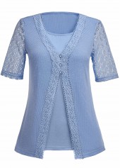 Dusty Blue tops,Plain Color tops,ROTITA Fake 2in1 Dusty Blue V Neck T Shirt