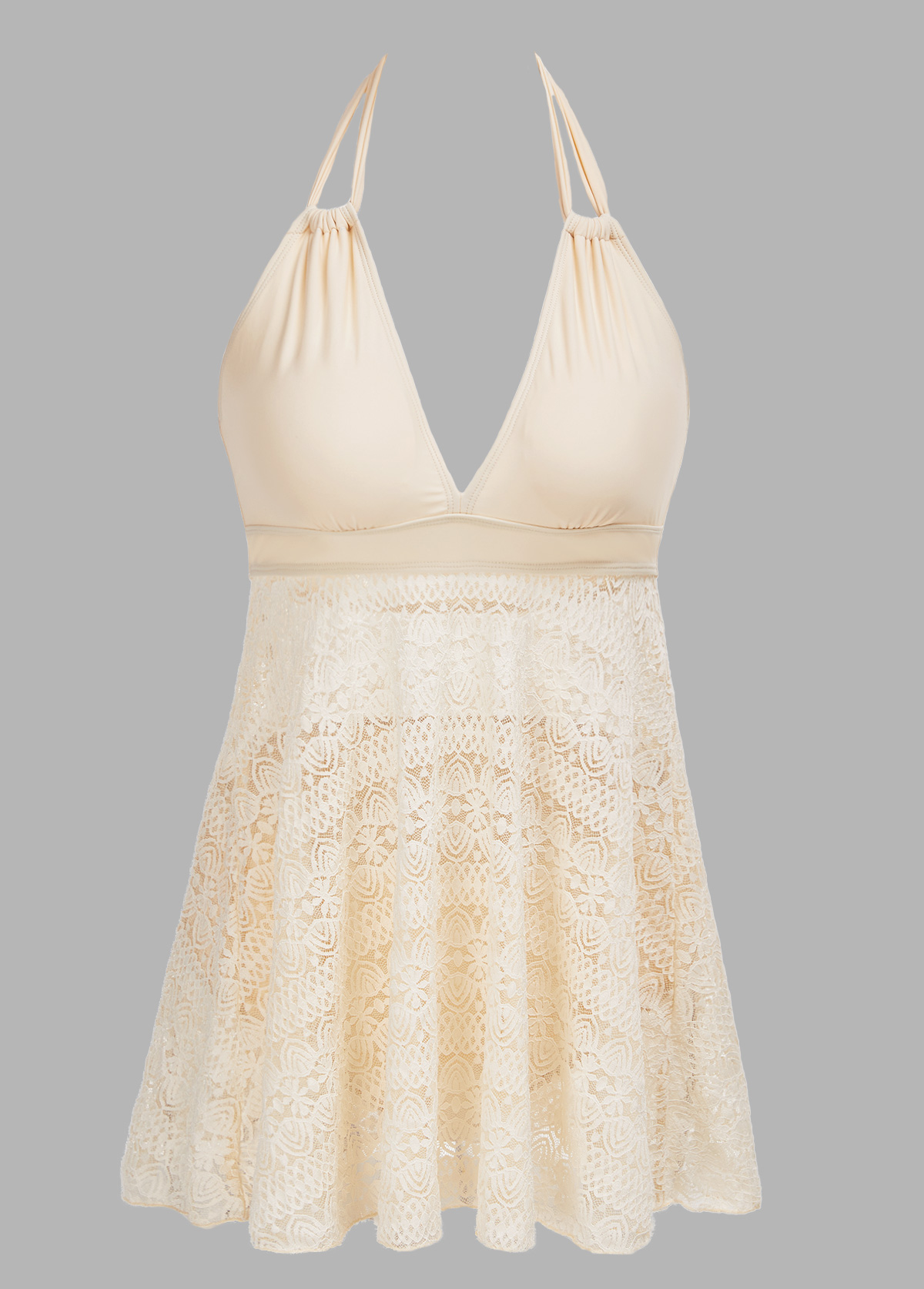 Beige swimwear,Plain Color swimwear,ROTITA Patchwork Lace Beige Swimdress and Panty