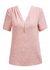 Pink tops,Plain Color tops,ROTITA Pearl Pink V Neck Short Sleeve Blouse
