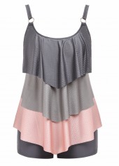 Dark Grey swimwear,Dusty Pink swimwear,Contrast Color swimwear,ROTITA Handkerchief Hem Dark Grey Mid Waisted Tankini Set