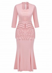 Pink dresses,Plain Color dresses,Party dresses,Elegant dresses,ROTITA Fake 2in1 Pink Square Neck 3/4 Sleeve Bodycon Dress