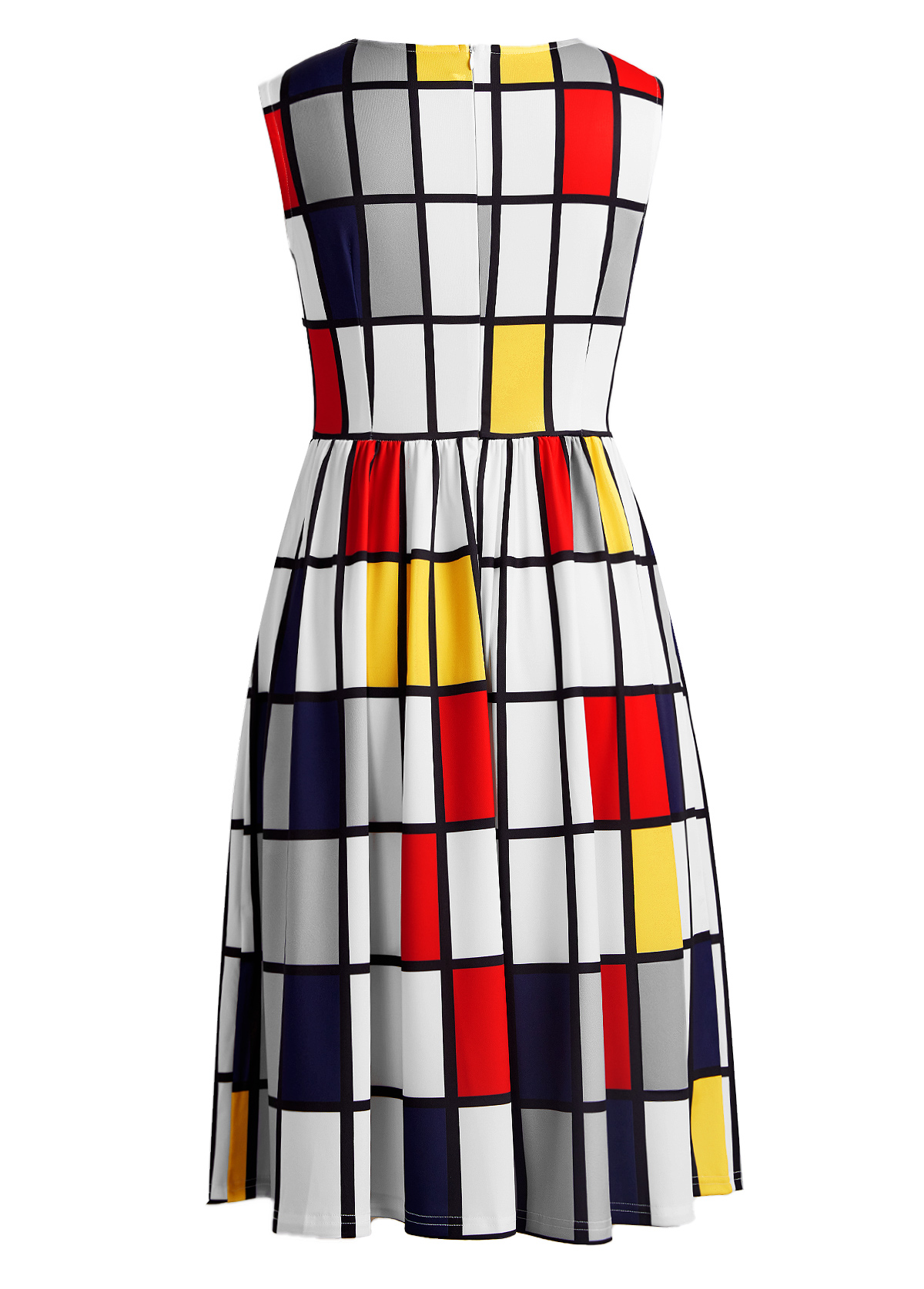 White dresses,Plaid dresses,Striped dresses,Geometric dresses,Party dresses,Elegant dresses,ROTITA Breathable Plaid White Round Neck Sleeveless Dress