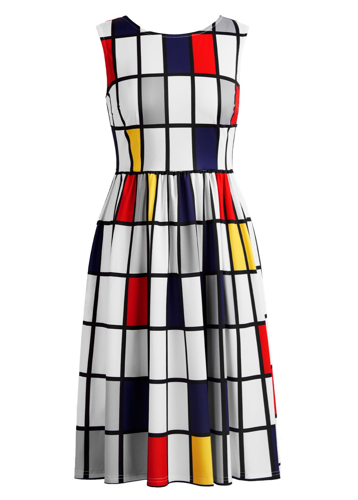 White dresses,Plaid dresses,Striped dresses,Geometric dresses,Party dresses,Elegant dresses,ROTITA Breathable Plaid White Round Neck Sleeveless Dress