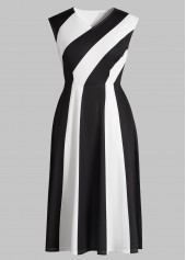 Black dresses,Raw white dresses,Contrast Color dresses,Striped dresses,Geometric dresses,Party dresses,Elegant dresses,ROTITA Patchwork Black V Neck Sleeveless Dress