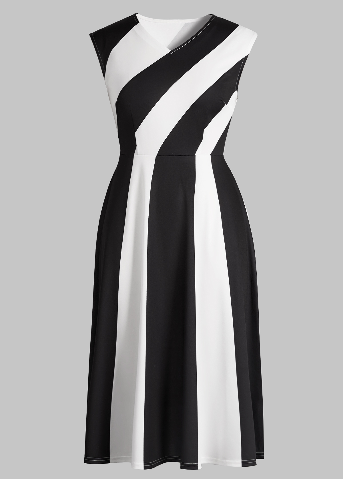 Black dresses,Raw white dresses,Contrast Color dresses,Striped dresses,Geometric dresses,Party dresses,Elegant dresses,ROTITA Patchwork Black V Neck Sleeveless Dress