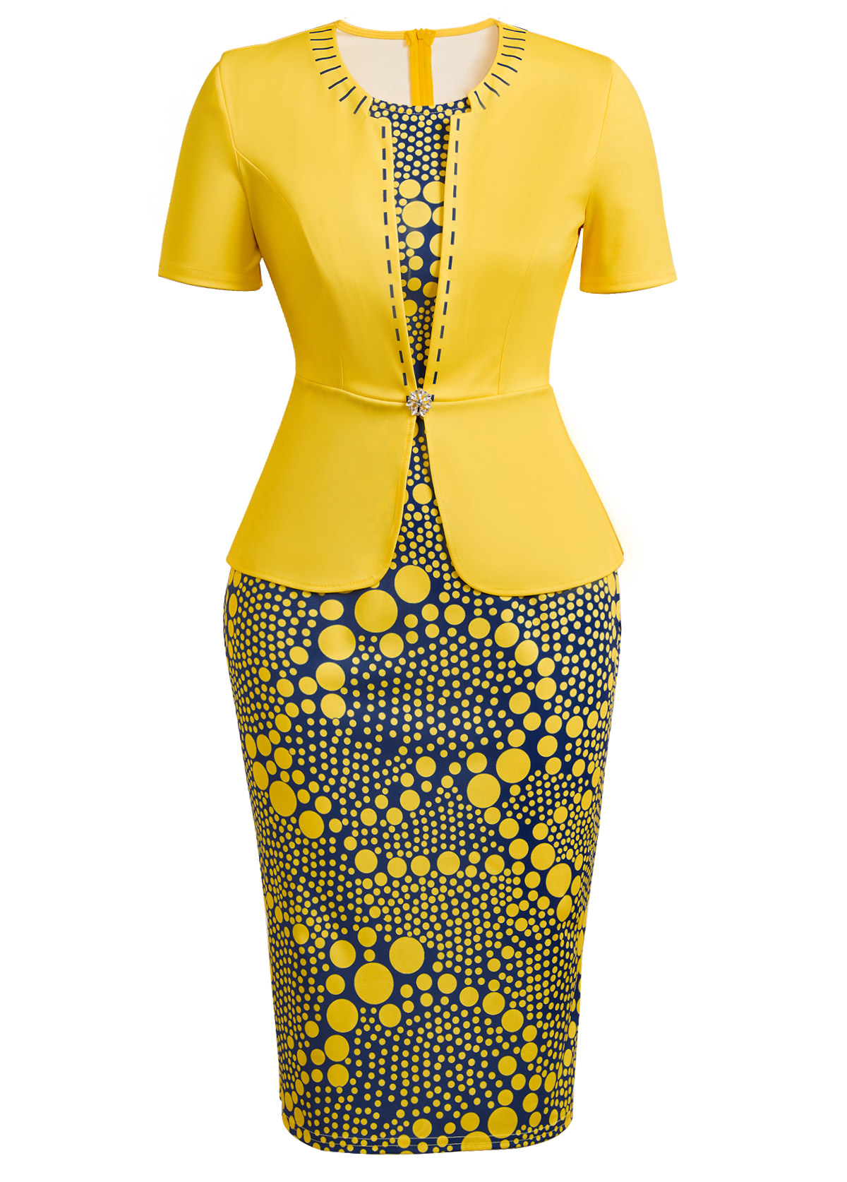 Yellow dresses,Navy dresses,Dot dresses,Party dresses,Elegant dresses,ROTITA Fake 2in1 Polka Dot Yellow Round Neck Bodycon Dress