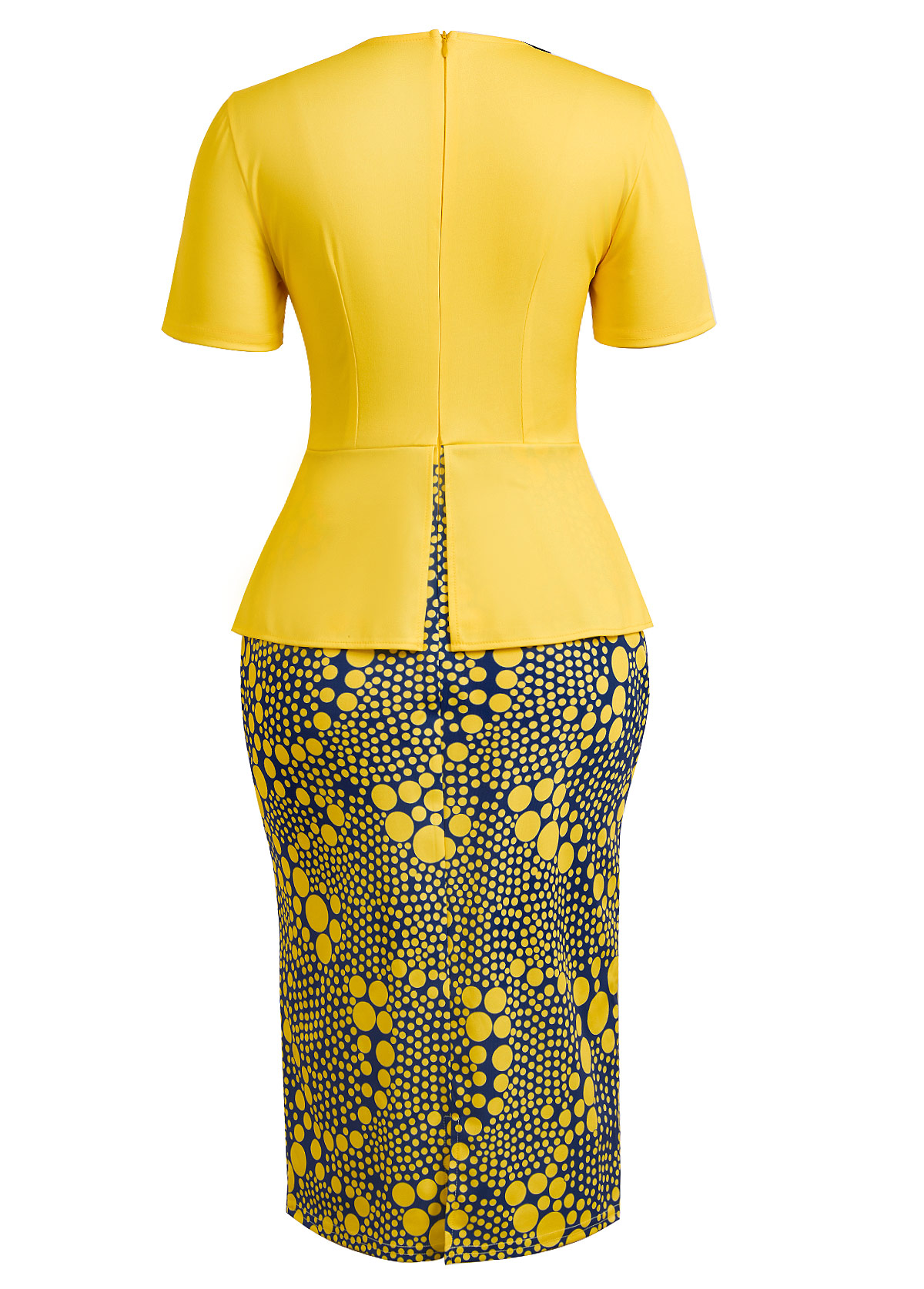 Yellow dresses,Navy dresses,Dot dresses,Party dresses,Elegant dresses,ROTITA Fake 2in1 Polka Dot Yellow Round Neck Bodycon Dress