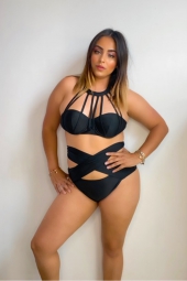 Black swimwear,Plain Color swimwear,ROTITA Cage Neck Cross Front High Waist Bikini Set