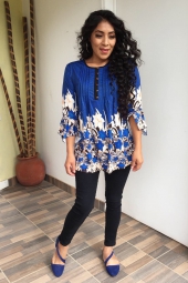 Blue tops,Floral tops,ROTITA Blue Button Up Pleated Flare Sleeve Blouse