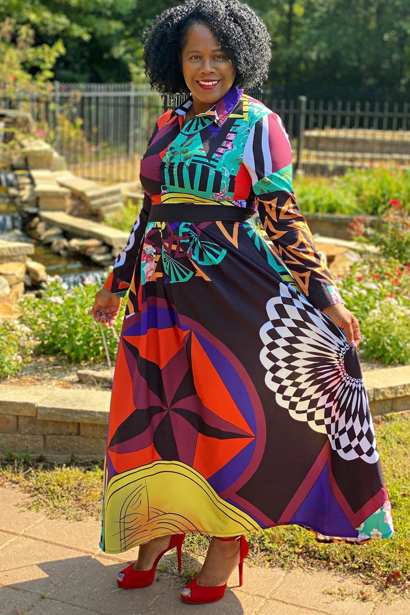 Multi Color dresses,Graphic dresses,Vacation dresses,Vacation dresses,ROTITA Turndown Collar Printed Button Up Long Sleeve Dress