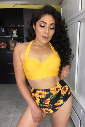 Ginger swimwear,Floral swimwear,ROTITA High Waist Halter Cutout Back Sunflower Print Bikini Set