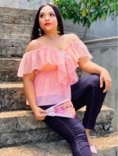Pink tops,Plain Color tops,ROTITA Lace Up Strappy Cold Shoulder Blouse